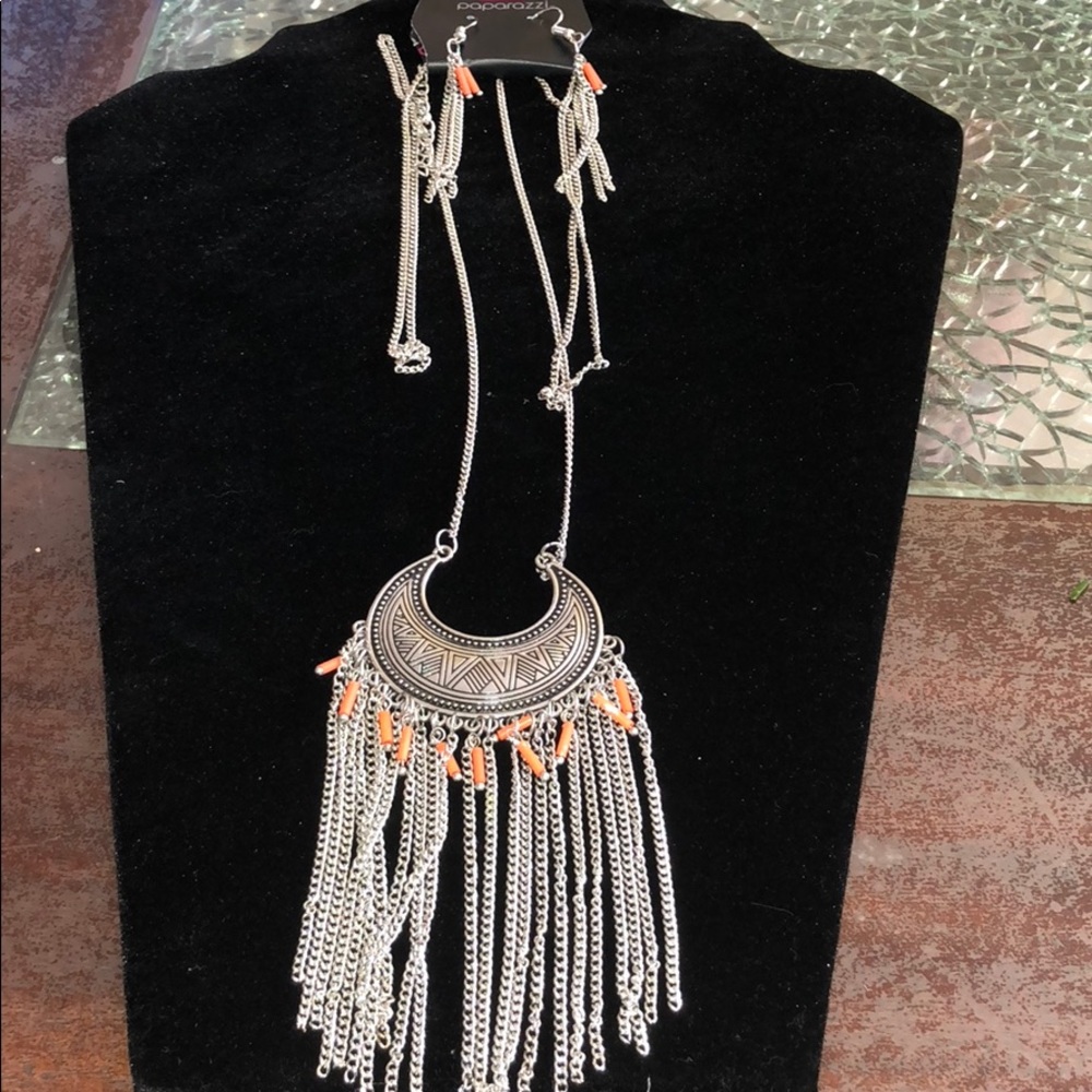 Silver moon necklace with earring